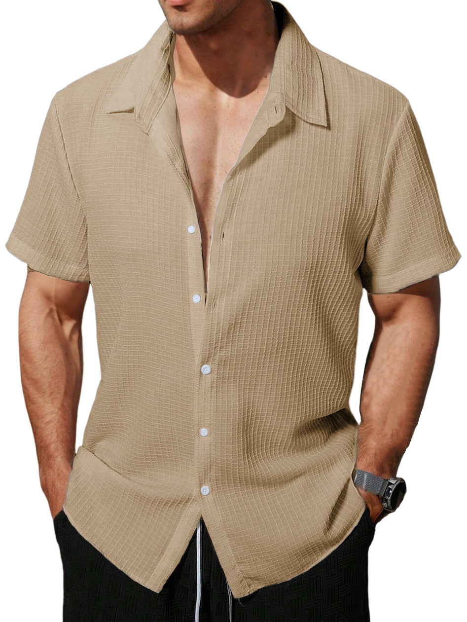 Men's Hawaiian Lapel Waffle Short Sleeve Shirt