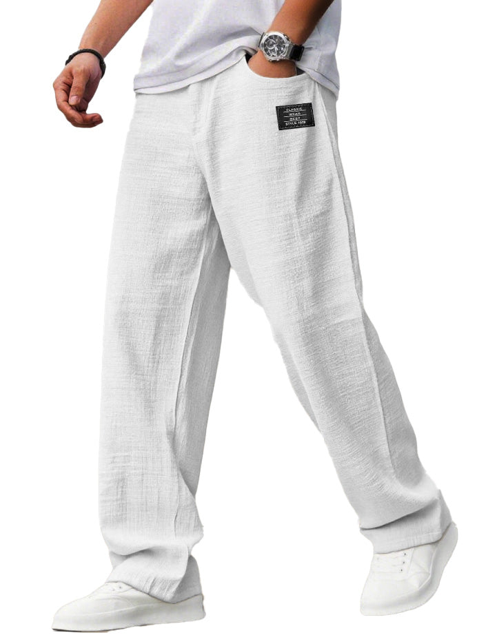 Men's Casual Hemp Fabric Embroidered Logo Drawstring Loose Elastic Waist Pocket Trousers